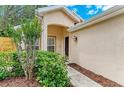 Front entrance featuring a welcoming archway and a glimpse of a window at 7885 Bristol Park Dr, Apollo Beach, FL 33572