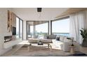 Bright living room with floor-to-ceiling windows, modern decor, fireplace, and stunning ocean view at 688 Golden Gate Point # 701, Sarasota, FL 34236