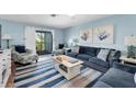 Comfortable living room featuring plush seating, stylish decor, and sliding glass doors to a private balcony at 3703 5Th Ave # 3, Holmes Beach, FL 34217