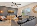 Inviting living room with dark accent wall, TV, comfortable seating, ceiling fan and natural light at 2908 Gulf Dr, Holmes Beach, FL 34217