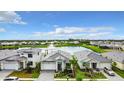 Stunning aerial view of the homes and water feature in the community at 18510 Midsummer Pl, Venice, FL 34293
