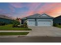 Charming blue home featuring a well-maintained lawn and a two-car garage with a concrete driveway at 4407 Big Woods Way, Parrish, FL 34219