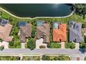 An aerial view of several homes with screened pools, tile roofs and access to a community pond at 5205 88Th E St, Bradenton, FL 34211