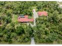 Aerial view featuring a spacious home, pool, adjacent outbuilding and a long driveway amidst lush greenery at 1401 Pelican Ln, North Port, FL 34286