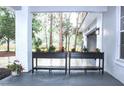 Inviting front porch featuring decorative flower planters with view of wooded scenery at 27944 Green Willow Run, Wesley Chapel, FL 33544