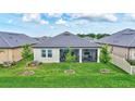 Well-maintained backyard featuring lush green lawn, young trees, and a screened in porch at 12743 Tahitian Pearl Cir, Parrish, FL 34219