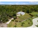 Expansive aerial view of a secluded property with a long driveway and lush greenery surrounding the residence at 601 Suffolk Cir, Nokomis, FL 34275