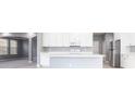 Modern kitchen with bright white cabinetry, stainless steel appliances, an island, and an open layout with carpeted space at 7113 Park Tree Dr, Tampa, FL 33625