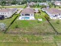 An aerial view of the backyard featuring a private pool, fire pit, and fenced yard at 7508 Ripetta St, Sarasota, FL 34240