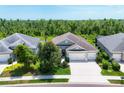 Aerial view of a home's exterior showcasing professional landscaping, three-car garage, and mature tree backdrop at 16943 Rosedown Gln, Parrish, FL 34219