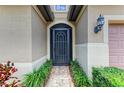 A secure front door is nestled in a stucco wall and decorative wall sconce at 6756 Chester Trl, Lakewood Ranch, FL 34202
