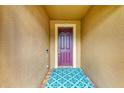 A close-up of a purple front door with a patterned welcome mat at 6756 Chester Trl, Lakewood Ranch, FL 34202