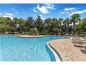 Community pool surrounded by lush greenery and palm trees with ample lounge chairs at 7314 Hamilton Rd, Bradenton, FL 34209