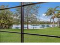 Lakeside view from screened-in porch, showcasing lush landscaping and tranquil waters at 12031 Longview Lake Cir, Lakewood Ranch, FL 34211