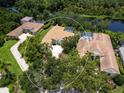 An aerial shot of a home with a private pool in a lush neighborhood near a pond at 7003 Lancaster Ct, University Park, FL 34201