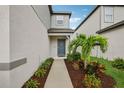 Inviting front entrance with a well-maintained walkway and lush tropical landscaping around the entryway at 8815 Windlass Cv, Parrish, FL 34219