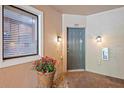 Inviting townhome entrance featuring a gray door, potted flowers and stylish exterior lighting at 7325 Skybird Rd # 399, Bradenton, FL 34209