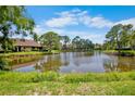 Scenic view of a tranquil pond surrounded by lush greenery and neighborhood houses at 3362 Sandleheath # 12, Sarasota, FL 34235