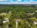 Expansive aerial shot showcasing a home nestled amidst trees, featuring a long driveway and ample green space at 2912 51St E St, Bradenton, FL 34208