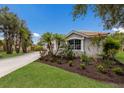 Lush front yard with palm trees and mature plants leading to the charming home at 4998 Cedar Oak Way, Sarasota, FL 34233