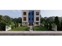Modern two-story townhome with a blue central accent, black windows, and landscaped front yard at 2146 5Th N Ave, St Petersburg, FL 33713
