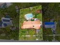 Aerial view of property with lush tropical landscaping surrounding the house and pool at 1112 Montezuma Dr, Bradenton, FL 34209