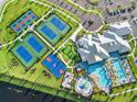 Aerial view of community amenities including tennis courts, basketball court, swimming pools, and clubhouse at 15131 Sunny Day Dr, Bradenton, FL 34211