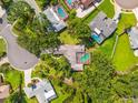 Overhead shot of home with lush landscaping, pool, and mature trees in a desirable neighborhood at 8240 Cypress Lake Dr, Sarasota, FL 34243
