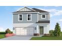 Charming two-story home showcases its tidy landscaping, a gray roof and siding, and a practical two-car garage at 13113 Bayberry Way, Parrish, FL 34219