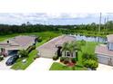 Aerial shot of a single-Gathering home with a well-manicured lawn and scenic pond views at 7364 47Th Avenue E Cir, Bradenton, FL 34203