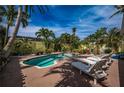 Lush backyard featuring a kidney-shaped pool, surrounded by palm trees, patio, lounge chairs, and privacy fencing at 8709 9Th Nw Ave, Bradenton, FL 34209