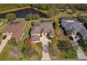 An aerial view of homes and their yards, some featuring screened-in pools and ponds at 14901 17Th E Ave, Bradenton, FL 34212