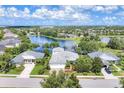 Aerial shot of a home next to a lake, surrounded by lush greenery and well-maintained lawns in a serene neighborhood at 4714 Seneca Park Trl, Bradenton, FL 34211