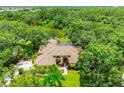 Expansive aerial view of a beautiful home with a tile roof, lush green lawn, mature trees, and a lake at 8717 Misty Creek Dr, Sarasota, FL 34241