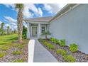Charming covered entryway with a decorative palm tree and walkway leading to front door at 13908 Painted Loop, Parrish, FL 34219