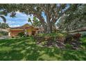 Charming single-story home featuring a terracotta tile roof, beautiful landscaping, and a large shade tree at 1674 Cottonwood Trl, Sarasota, FL 34232