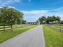 Long paved driveway leads to a beautiful white home, accented by mature trees and wooden fences at 3100 Lena Ln, Sarasota, FL 34240