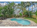 Private backyard pool surrounded by lush tropical foliage and a privacy fence at 1738 Siesta Dr, Sarasota, FL 34239