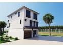 Modern three-story home with sleek lines, a two-car garage and lush landscaping at 312 Avenida Leona, Sarasota, FL 34242
