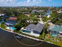 Stunning aerial view showcasing the backyard pool and boat dock on waterfront property at 1031 Contento St, Sarasota, FL 34242