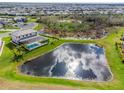 Gorgeous aerial view showing a pool, home, and pond at 15815 Tradewind Ter, Bradenton, FL 34211