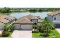 Stunning aerial view of home with water view, solar panels, and lush landscaping at 17850 Polo Trl, Bradenton, FL 34211