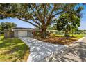 Charming single-story home featuring a long driveway and landscaped front yard with a mature shade tree at 528 Manor Dr, Dunedin, FL 34698