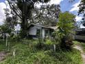Shows the exterior of the dilapidated one story home surrounded by trees and overgrown foliage at 2026 Seminole S Blvd, St Petersburg, FL 33705