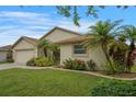 A beautiful, well-kept front yard with green grass, colorful flowers, and a variety of lush plants and palm trees at 2710 93Rd E Ct, Palmetto, FL 34221