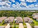 Aerial shot of homes with lush green landscaping under a partly cloudy blue sky at 3602 Secret Stroll Dr, Sarasota, FL 34240
