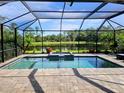 Screened-in pool featuring a connected spa, brick patio, and a serene lake view at 11550 Blackfin St, Venice, FL 34292