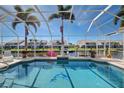Screened-in pool area featuring a dolphin mosaic, waterfront views, and lush tropical landscaping, perfect for outdoor relaxation at 1429 Blue Jay Ct, Punta Gorda, FL 33950