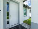 Modern front door with sidelight and gray trim, welcoming entryway at 2743 Hopwood Rd, North Port, FL 34287
