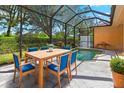 Relaxing pool area with screened enclosure, wooden dining table, and comfortable seating at 4410 Turnberry Cir, North Port, FL 34288